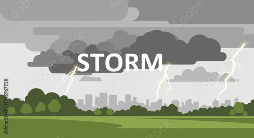 Dramatic Thunderstorm Over Urban Skyline Flat Vector Illustration