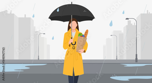 Elegant Woman Protects Herself From A City Rain Carrying Groceries Bag