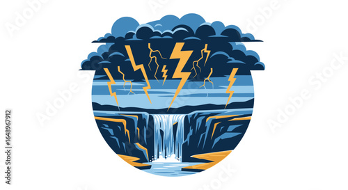 Dramatic Waterfall And Lightning Storm Scene Against A Cloudy Sky Backdrop