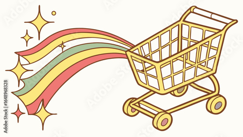 Retro shopping cart with rainbow and stars illustration for online retail and grocery store promotion
