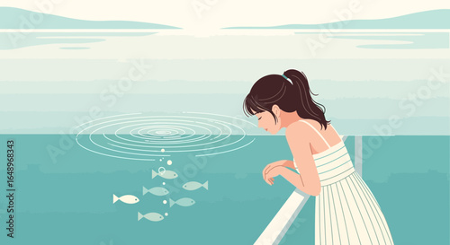 Dreamy Girl Looking at Fish in Calm Lake Scene Illustration