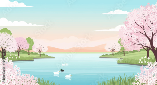 Dreamy Spring Scenery With Blooming Trees And Ducks Floating On A Lake