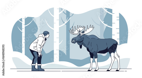 Encounter In The Winter Forest Man Meets Moose Unique Adventure Scene