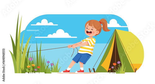 Energetic Little Girl Happily Setting Up a Tent at a Summer Camp