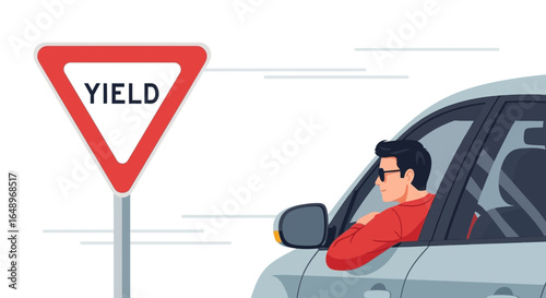 Driver Approaches The Yield Sign While Maintaining Road Safety And Awareness