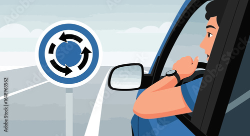 Driver Approaching Roundabout Road Sign Illustration Driving Safely