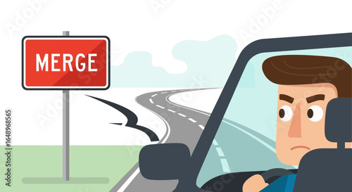 Driver Approaching Merge Sign Depicts Road Safety Illustration For Designers