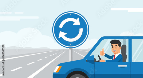 Driver Approves Roundabout Navigation Confidently in Clean Vector Illustration