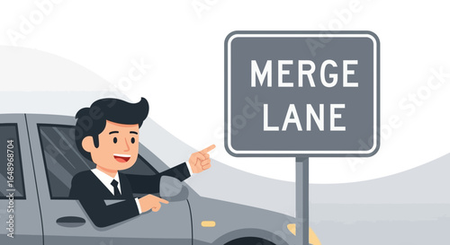 Driver Points To The Merge Lane Sign With A Smiling Face During Road Trip
