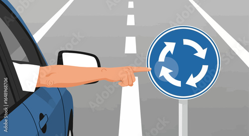 Driver Points At The Roundabout Sign Explaining Traffic Rules From Inside Car