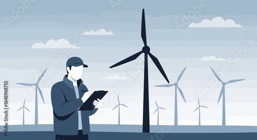 Engineer Inspecting Wind Turbines for Clean Energy Production in a Sustainable Field