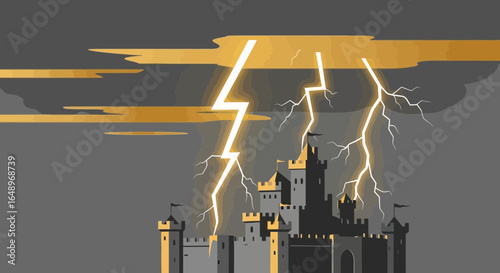 Enigmatic Castle Under Lightning Storm Fantasy Realm Fortress Illustration