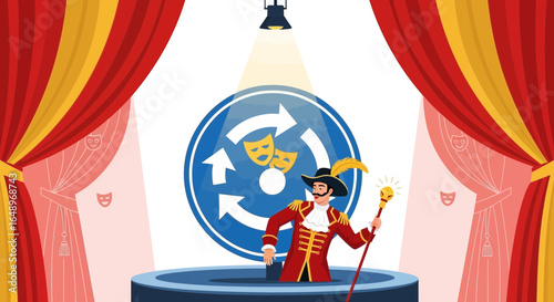 Enigmatic Showman Presenting an Innovation Concept on Stage With Flair