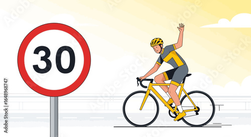 Enjoy Cycling Safely: A Cyclist Waves Under a 30 Speed Limit Sign