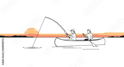 Enjoying A Serene Fishing Trip On The Lake At Sunset With Black Line Art