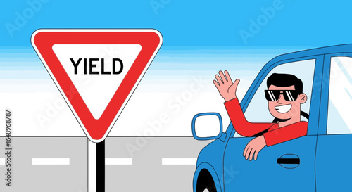 Enjoying Driving With A Yield Sign Under A Clear Sky Road Safety Illustration