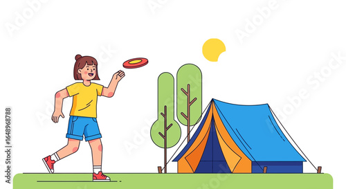 Enjoying Fun Outdoor Leisure at Camping Area With Frisbee Game on Vacation