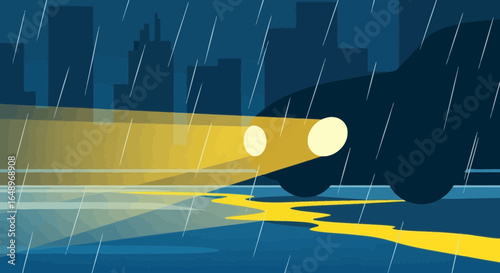 Driving Through The City At Night On A Rainy Day Illustration