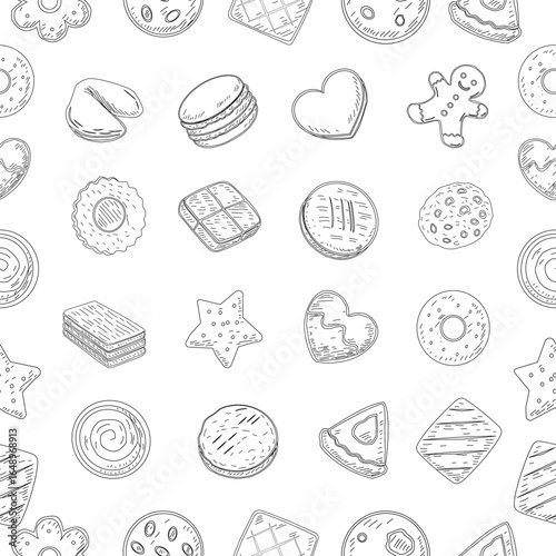 Cookies and biscuits doodle set. Chocolate Chip Cookies doodle seamless pattern. Collection of hand-drawn pastries. Cute cookie seamless pattern background. biscuits pattern background. 