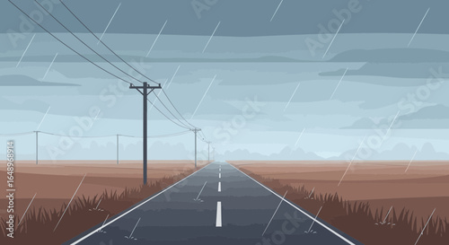 Drizzly Journey Perspective Of A Long Road In A Rural Area On A Rainy Day