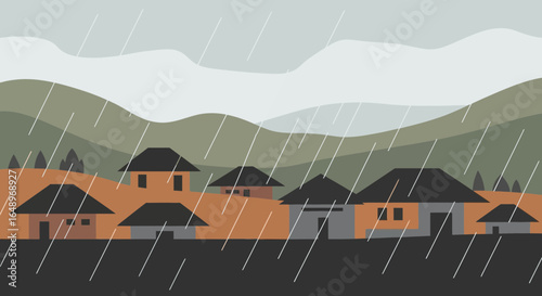 Drizzly Landscape Houses Under a Downpour in Hilly Terrain and Overcast Weather