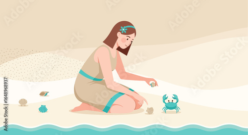 Enjoying Summer Vacation A Woman Playing with Shells And a Crab at The Beach