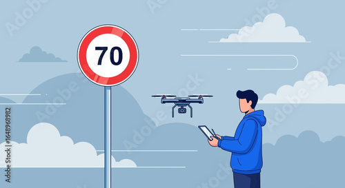 Drone Operator Controlling Flying Device Near Speed Limit Sign Illustration