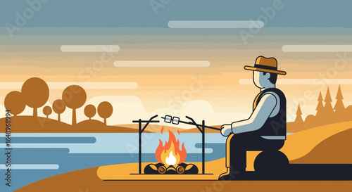 Enjoying Sunset Outdoors A Man Cooking Marshmallows By the Campfire