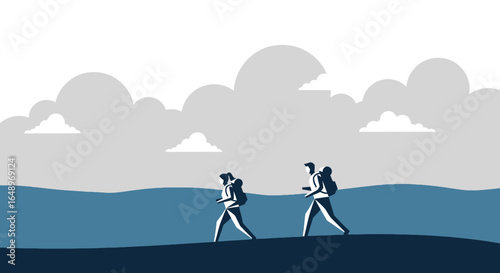 Dynamic Minimalist Illustration Of A Pair Of Travelers Exploring Open Landscape