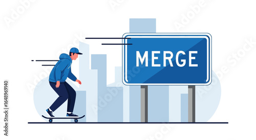 Dynamic Skateboarder Passing a Merge Sign in an Urban Landscape Setting
