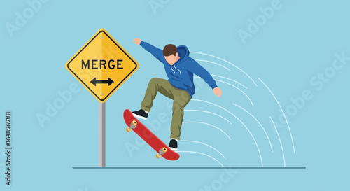 Dynamic Skateboarder Performs Trick Near Merge Sign In Vibrant City Landscape