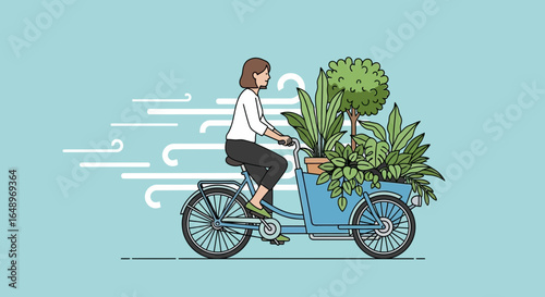 Eco Conscious Woman Rides A Cargo Bicycle Loaded With Assorted House Plants