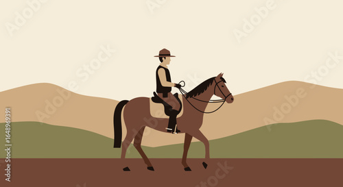 Equestrian Scene With Cowboy And Horse In Flat Vector Style Illustration