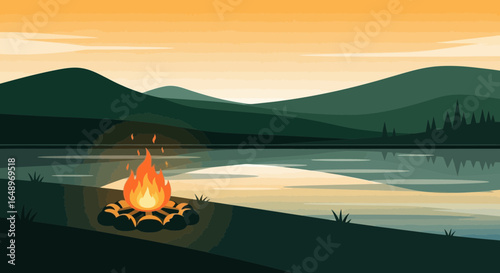 Evening Campfire With Scenic Mountain Lake Silhouette Landscape Illustration