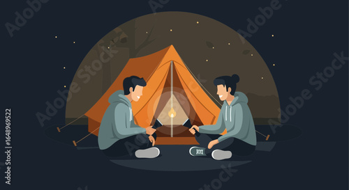 Evening Campground Scene With Couple, Camping Adventures Under The Stars