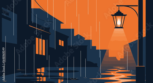 Evening Cityscape Vector Illustration on a Rainy Day Urban Serenity