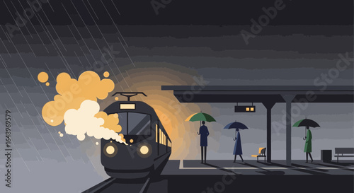 Evening Commute In The Rain People Waiting For The Train With Umbrellas