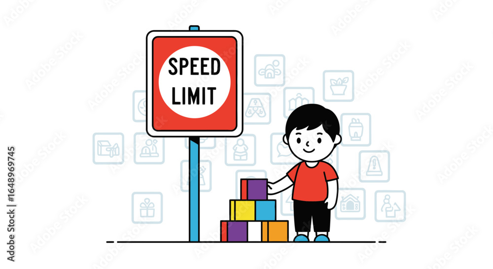 Obraz premium Exceeding The Speed Limit: Childish Play And Block Stacking Near The Sign