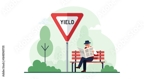 Elderly Gentleman Reads Newspaper On Park Bench With Yield Sign Behind Him