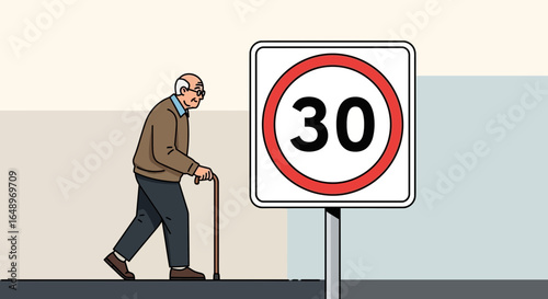 Elderly Gentleman Walks By Thirty Speed Limit Sign On Street