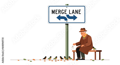 Elderly Man Feeding Birds By The Merge Lane Sign Under Blue Skies