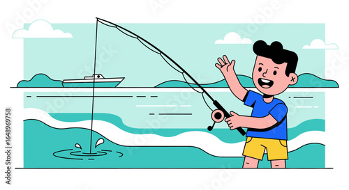 Excited Boy Fishing With Rod On A Summer Day On The Ocean