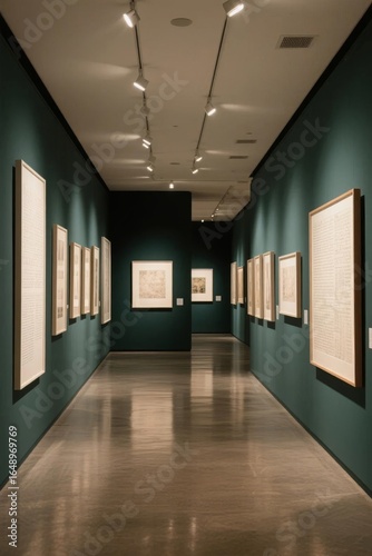 Art gallery hallway with framed exhibits displayed on deep green walls under spotlights.