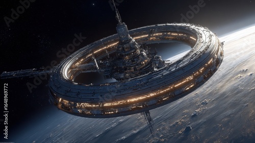 Fototapeta Naklejka Na Ścianę i Meble -  Orbital Space Station above Earth, Sunrise. Science Fiction Artwork