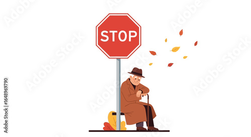 Elderly Man Resting By Roadside Stop Sign During Autumn Leaf Fall