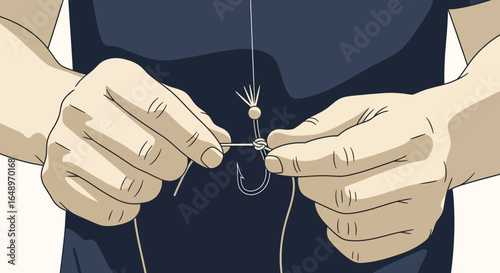 Expert Hands Securely Tying A Fishing Hook And Knot Technique