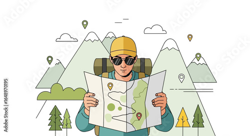 Explorer Planning A Wilderness Adventure With Map And Mountain Backdrop