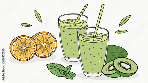 Refreshing green smoothie recipe with orange and kiwi fruit healthy drink illustration vector art