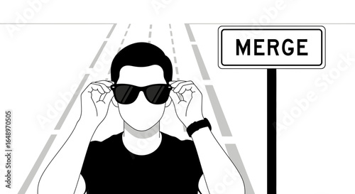 Faceless Character Wearing Sunglasses Stands Near Merge Sign on the Road