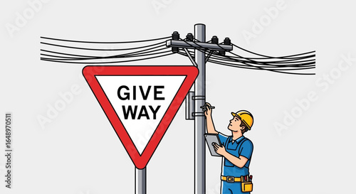 Electrician Inspecting The High Voltage Power Line Near A Red Traffic Signal